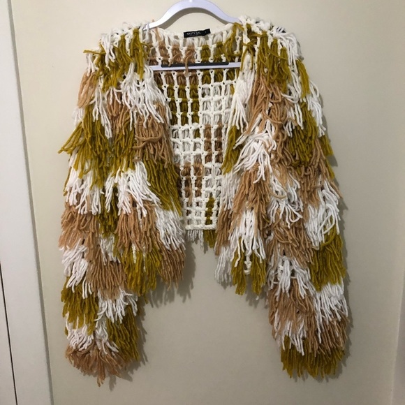 Nasty Gal Mustard Beige White Fringed Chunky Knit Cardigan - Picture 5 of 10